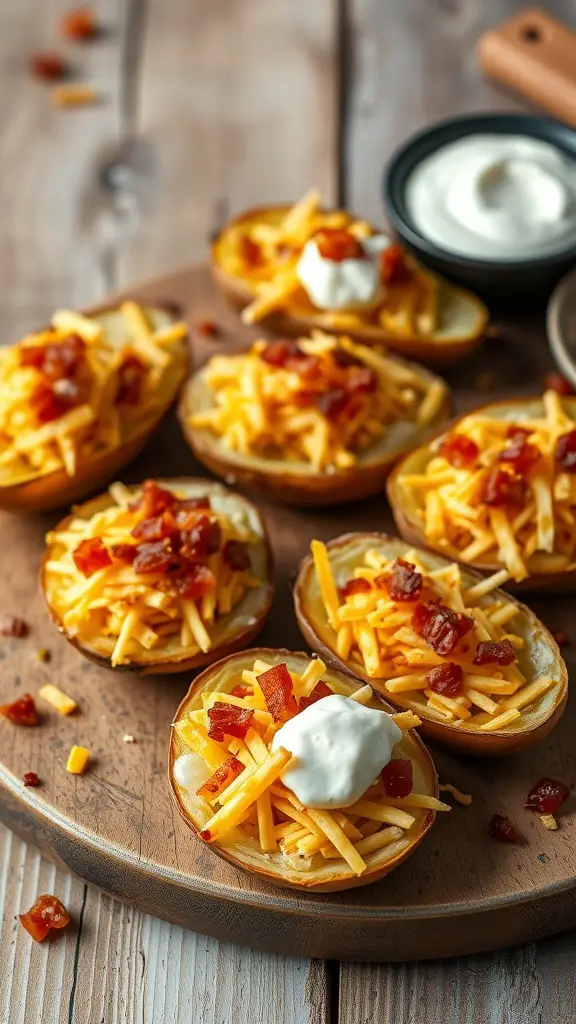 Crispy potato skins topped with cheese, bacon, and sour cream on a wooden platter.