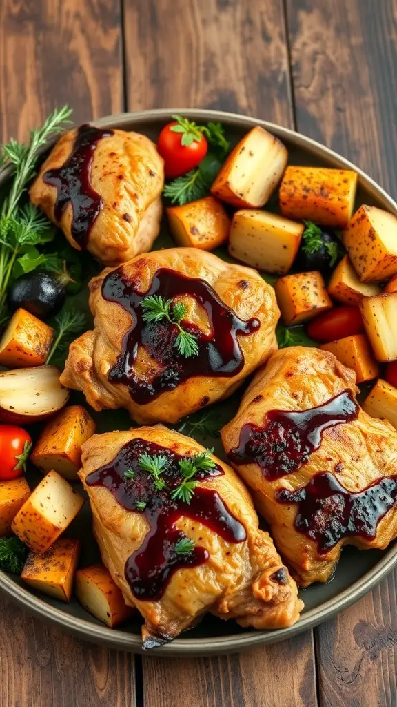 Balsamic glazed turkey thighs served with roasted vegetables on a wooden table.