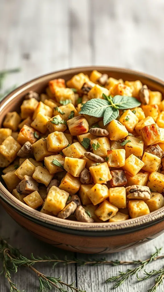 A bowl of savory stuffing with sage, featuring golden bread cubes, nuts, and herbs.