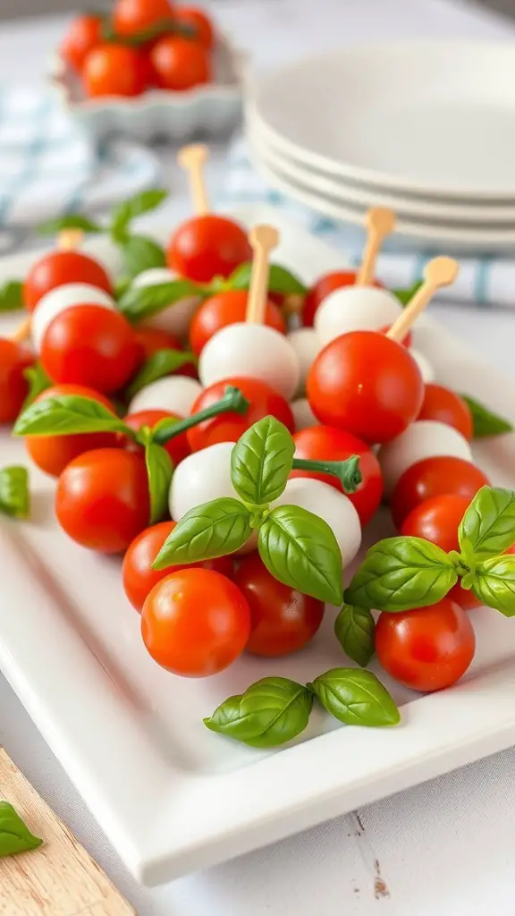 A platter of mini Caprese skewers with cherry tomatoes, mozzarella balls, and basil leaves.
