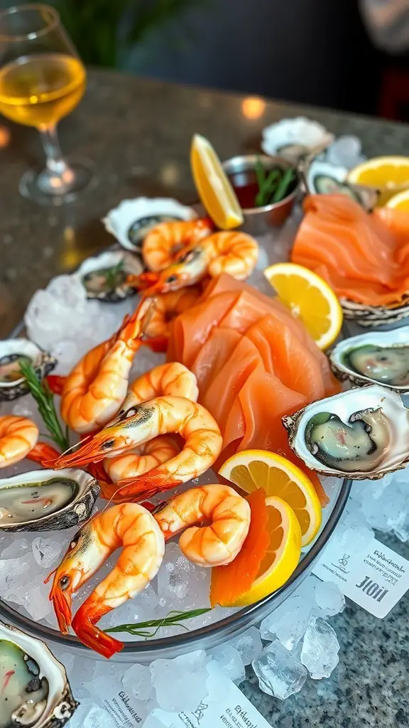 A gourmet seafood platter featuring shrimp, oysters, and salmon on ice with lemon slices.