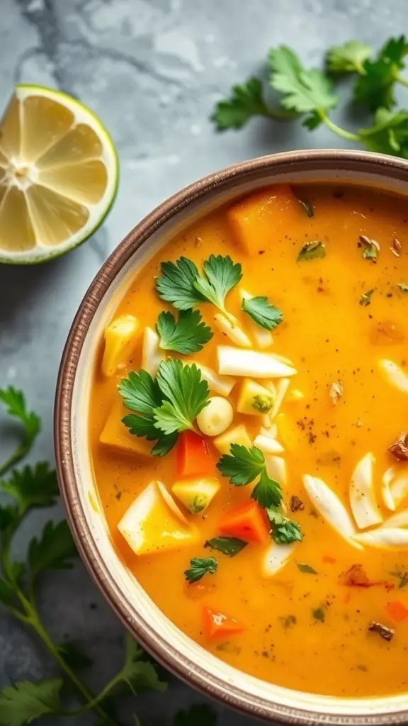 A bowl of Thai Coconut Curry Soup garnished with cilantro and lime.