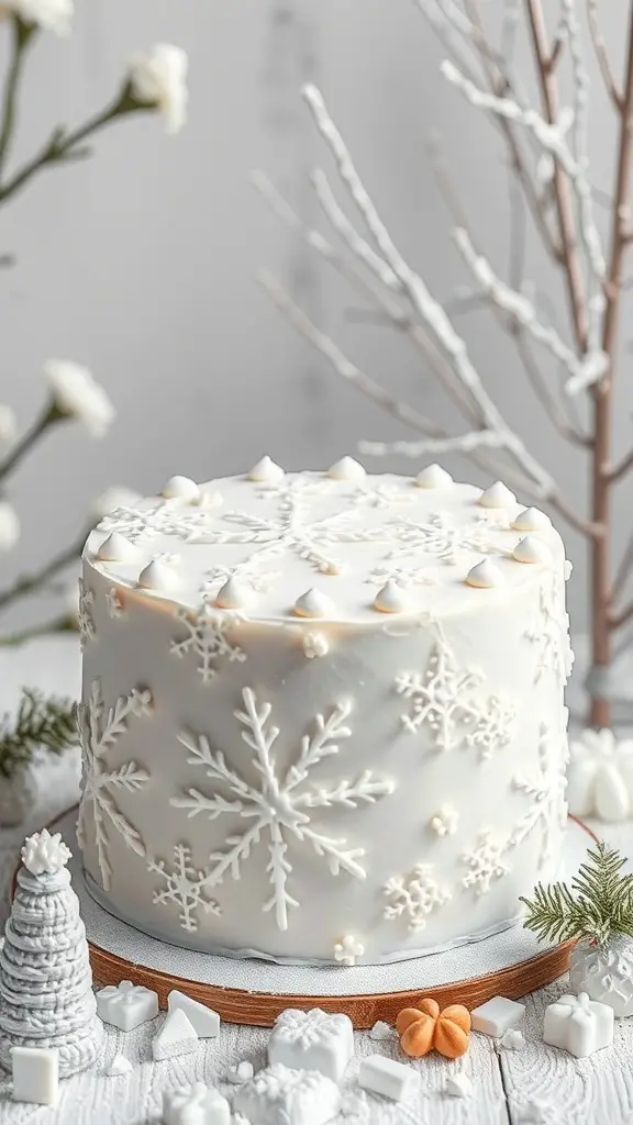 A beautifully decorated white cake with snowflake designs, surrounded by festive decorations.