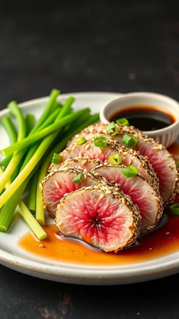 Plate of sesame crusted ahi tuna slices with green onions and dipping sauce