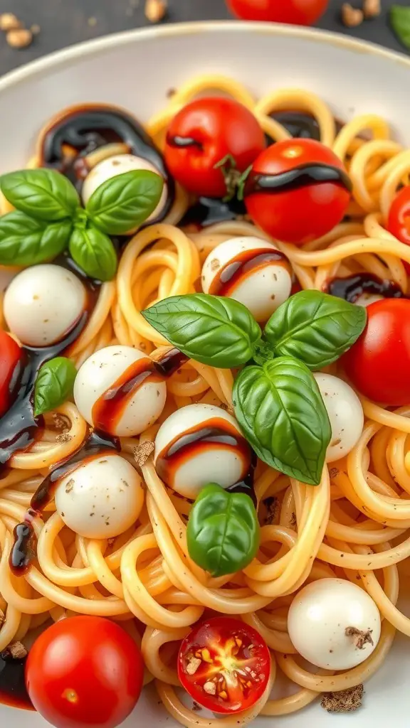 A plate of rotini pasta with cherry tomatoes, mozzarella balls, and fresh basil.