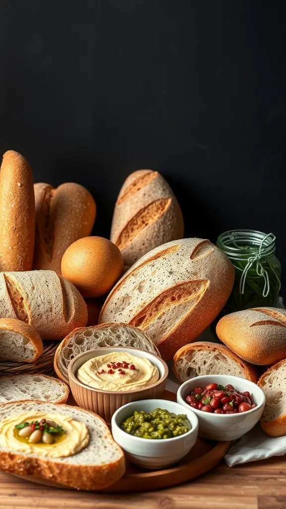 A festive platter featuring various artisan breads and bowls of spreads including hummus, pesto, and a bean spread.