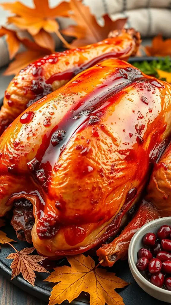 Maple glazed Thanksgiving turkey with autumn leaves and cranberries