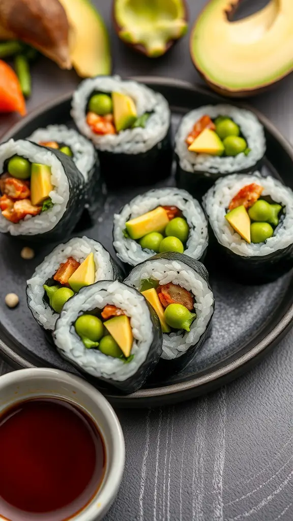 A plate of Edamame and Avocado Sushi Rolls with a small bowl of soy sauce