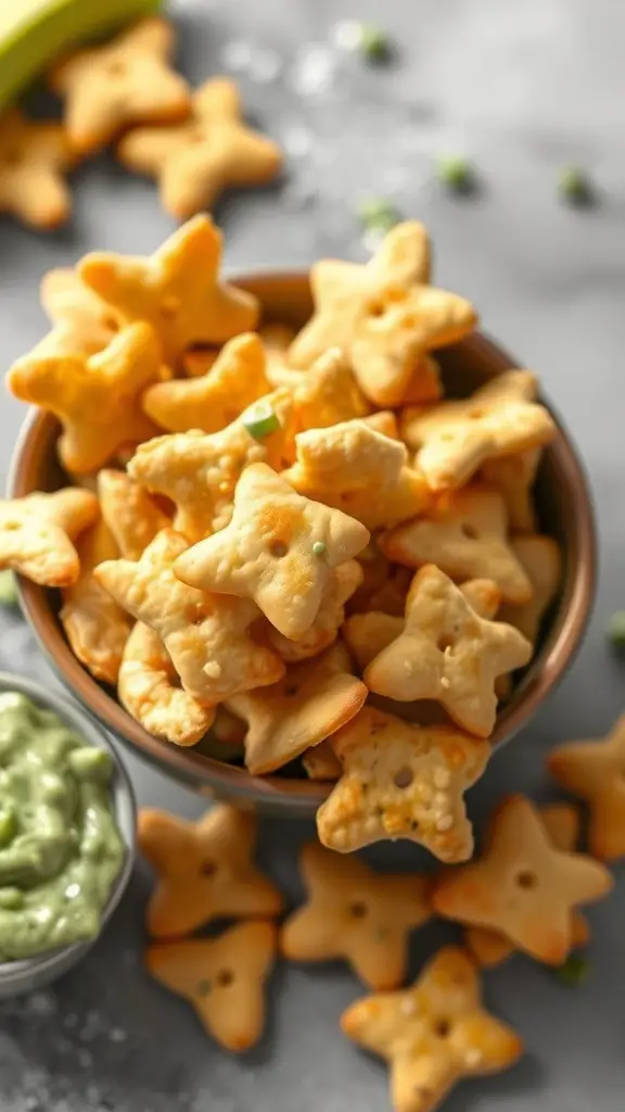 A bowl of crispy star-shaped oyster crackers with a green dip on the side.