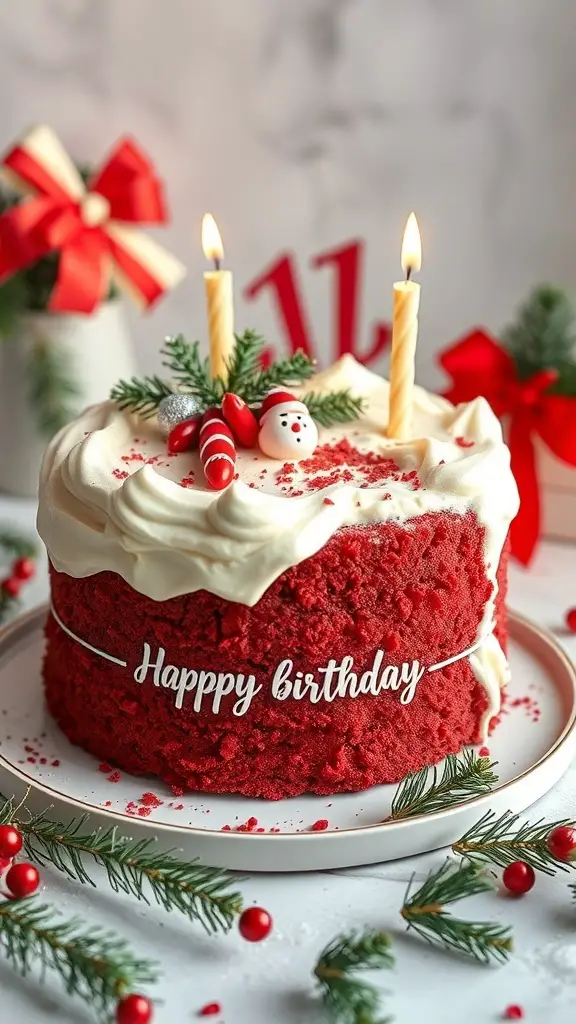 A festive red velvet birthday cake with cream cheese frosting, decorated with candy canes, a snowman, and candles.