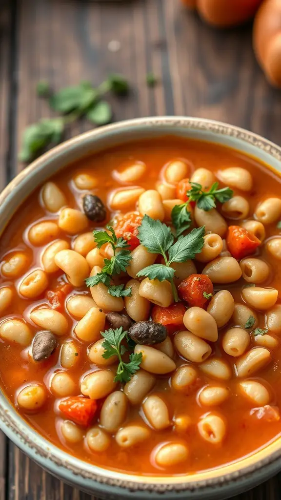 A bowl of Pasta e Fagioli soup with small pasta, tomatoes, and fresh herbs.