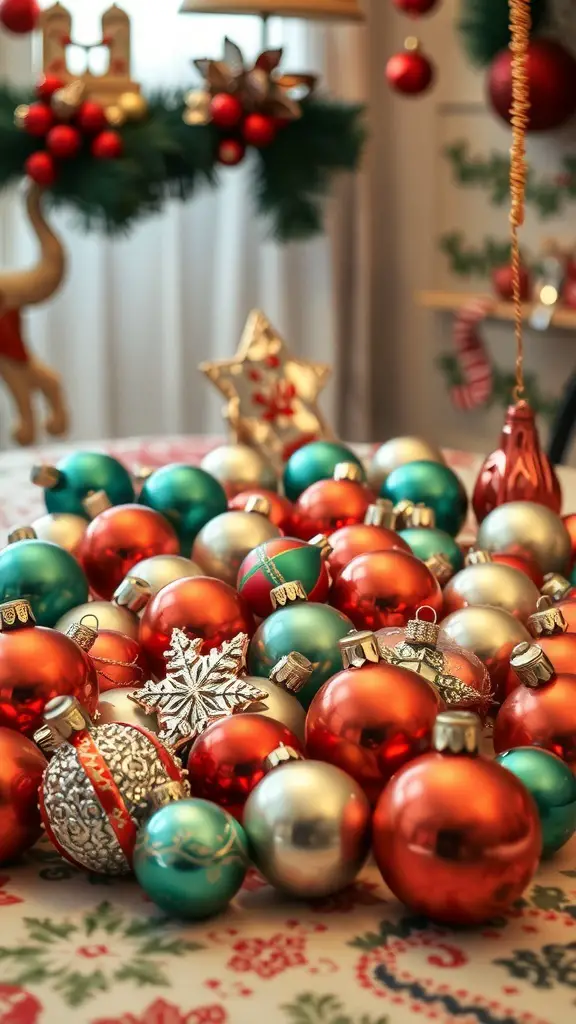 A collection of vintage shiny Brite Christmas ornaments in red, silver, and teal colors.
