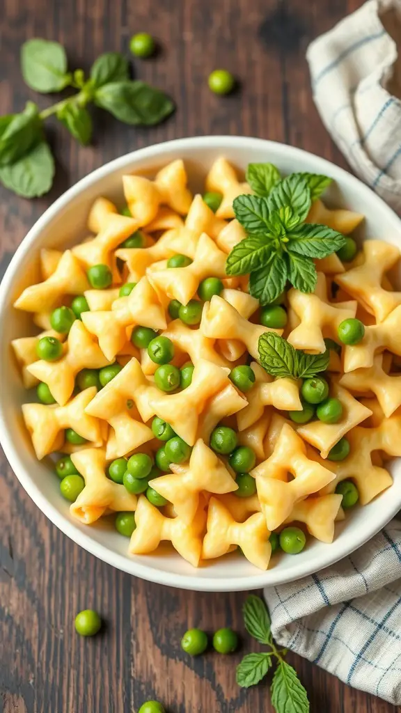 A bowl of bow tie pasta mixed with green peas and garnished with fresh mint leaves.