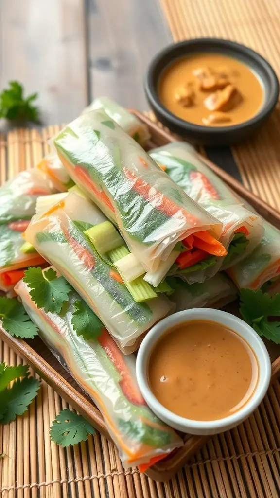 A plate of fresh vegetable spring rolls with a dipping sauce