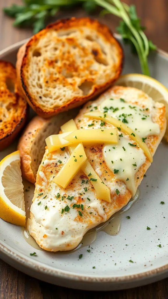Fried tilapia fillet with garlic herb butter, served with toasted bread and lemon slices