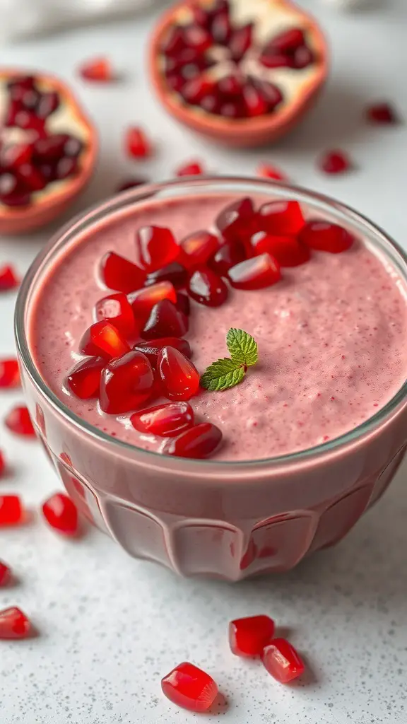 A smoothie bowl topped with pomegranate seeds and a mint leaf, surrounded by pomegranate halves and seeds.