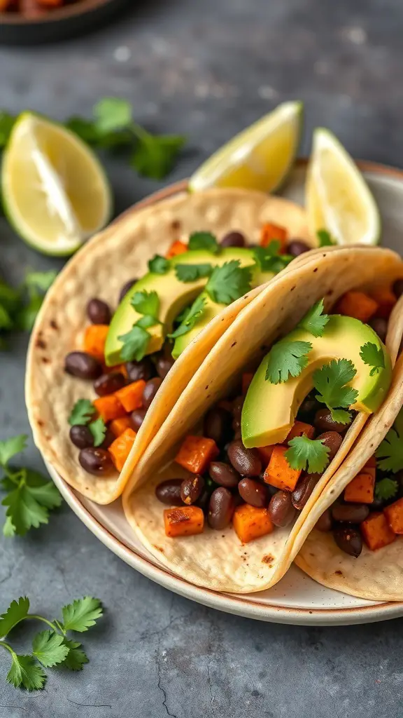 Three tacos filled with black beans, sweet potatoes, avocado, and cilantro, served with lime wedges.