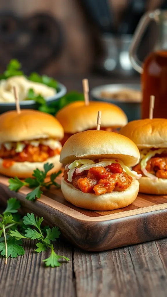 A platter of tangy BBQ chicken sliders on a wooden board, garnished with fresh cilantro.