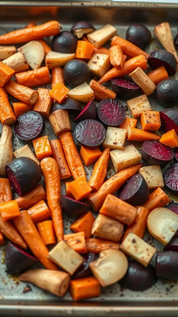 A tray of colorful roasted root vegetables including carrots, beets, and sweet potatoes.