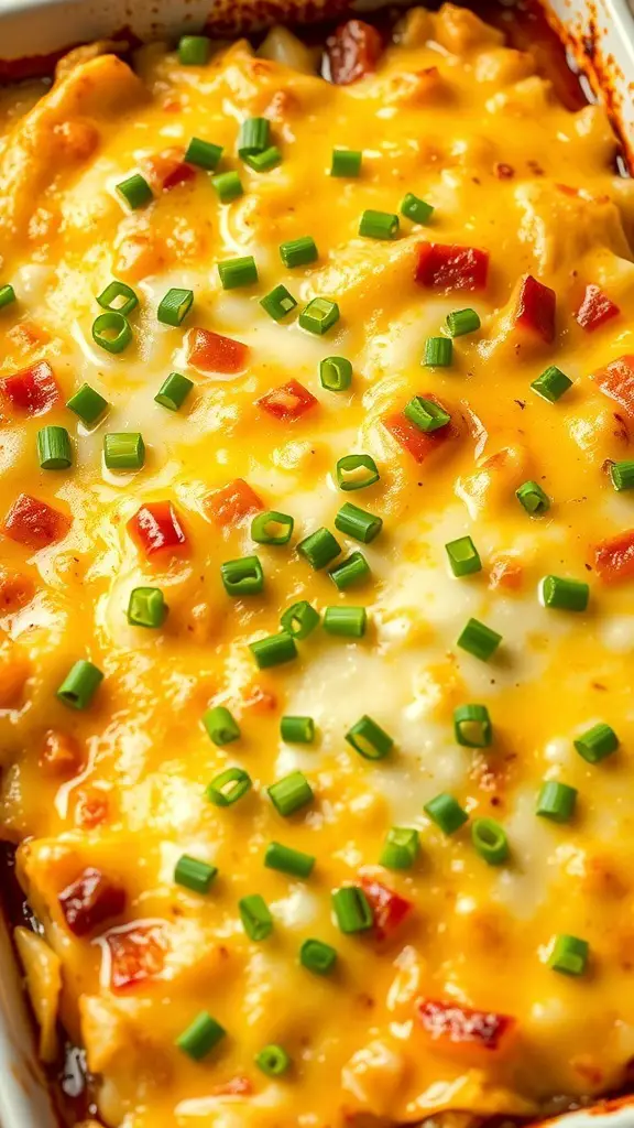 A delicious cheesy potato casserole topped with green onions and red peppers.