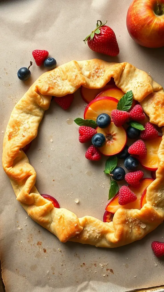 A puff pastry fruit galette topped with strawberries, blueberries, and peaches on parchment paper.