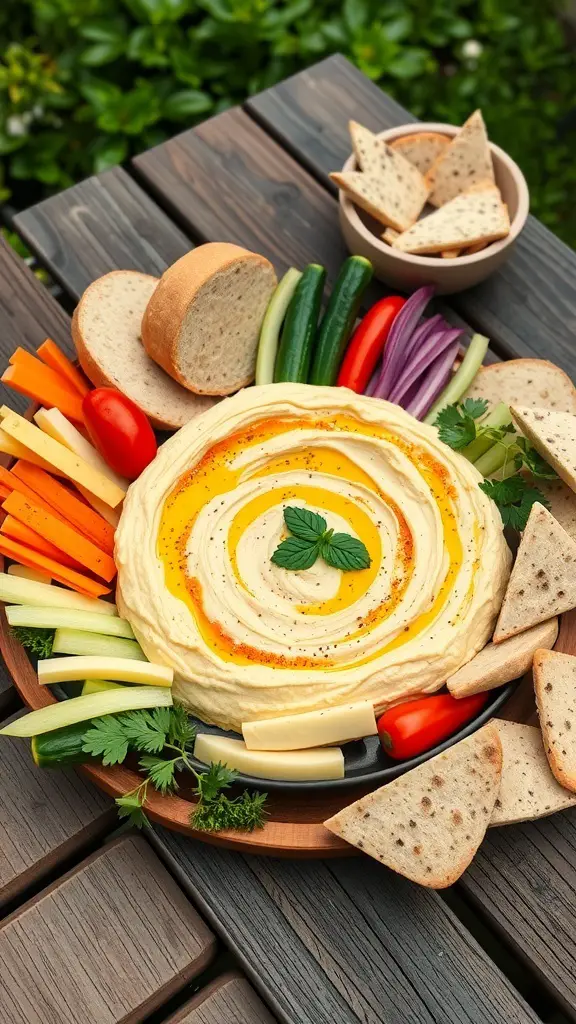 A colorful hummus and veggie platter with fresh vegetables, pita bread, and crackers.