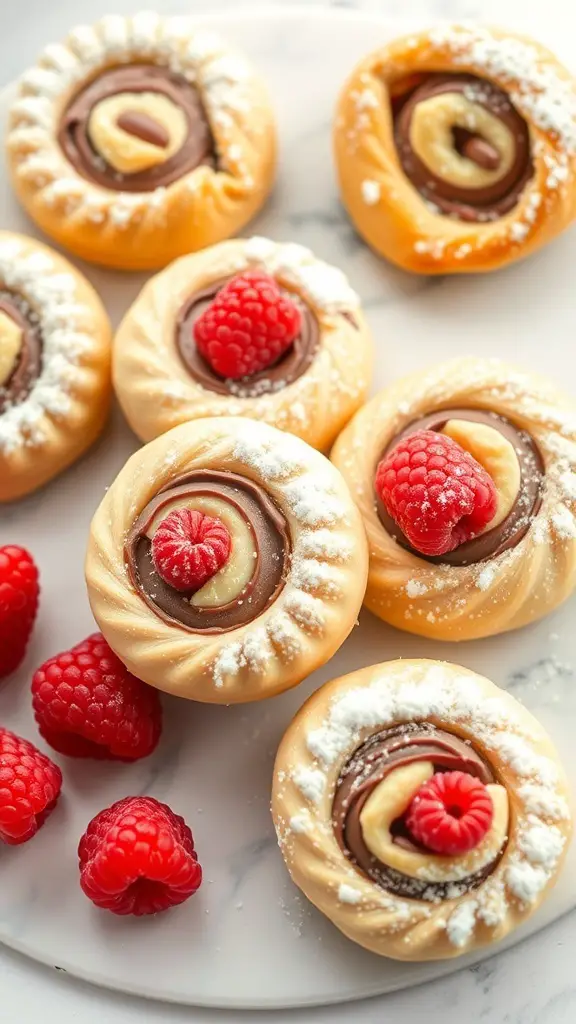 Nutella and raspberry puff pastry pinwheels on a plate with fresh raspberries