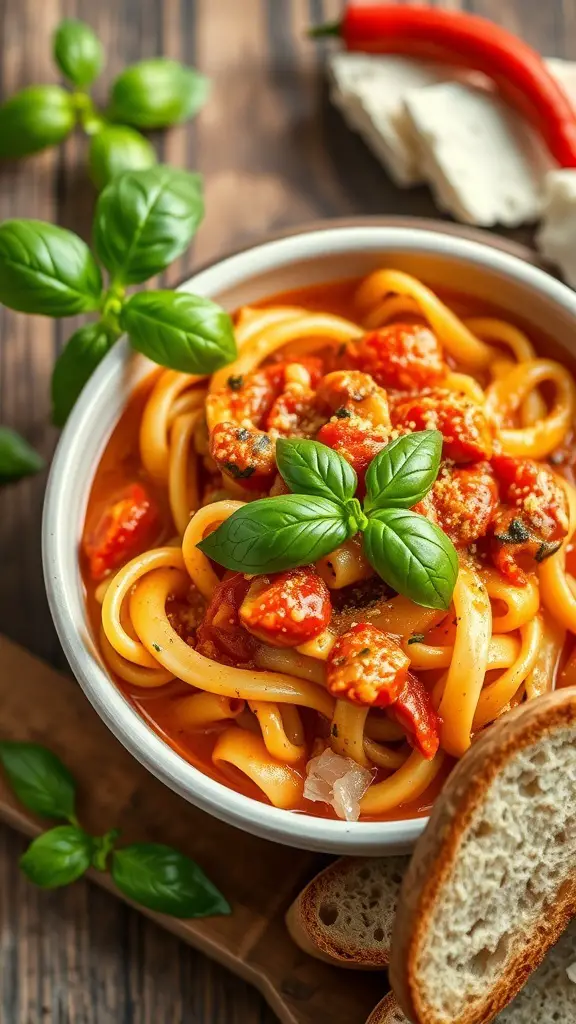 A bowl of spicy cavatappi pasta with tomato sauce, garnished with basil leaves and a chili pepper.