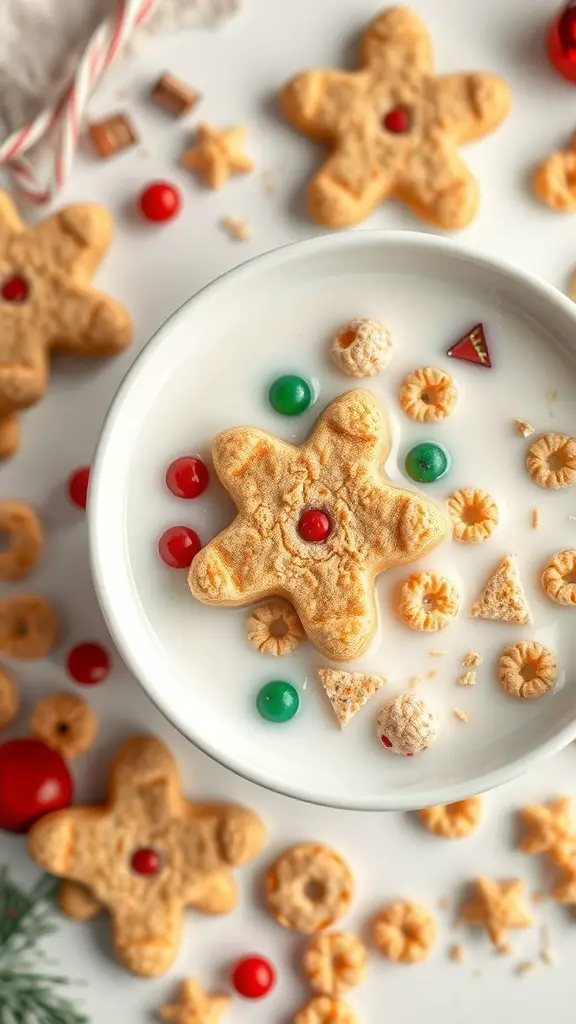 A bowl of Christmas Cookie Cereal with gingerbread man shapes and colorful candies in milk.