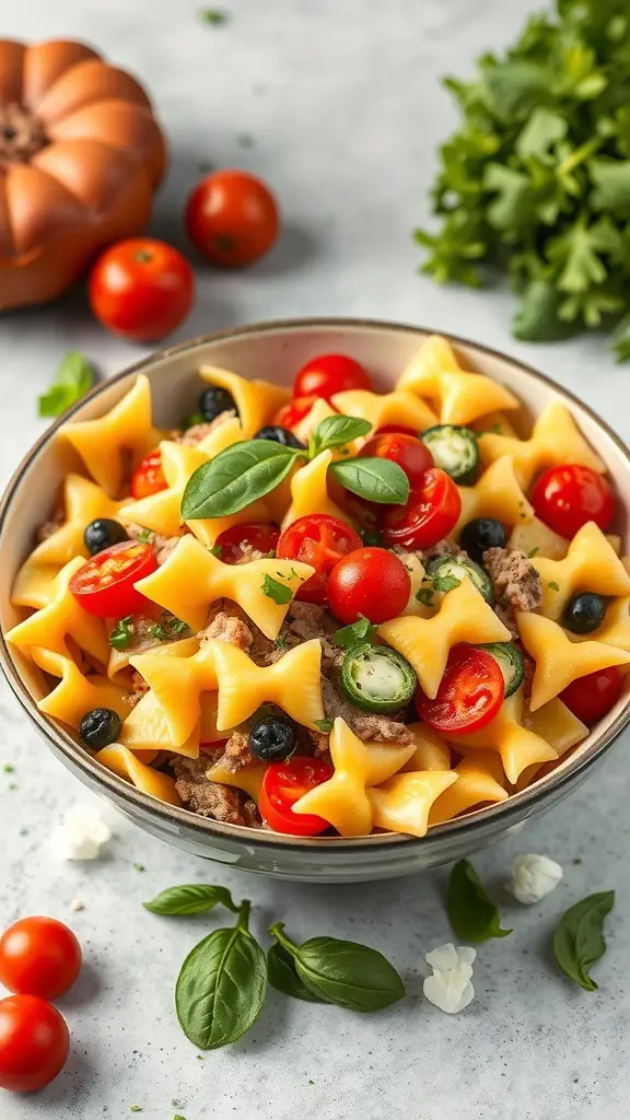 A bowl of bow tie pasta primavera with seasonal vegetables, garnished with cherry tomatoes and basil.