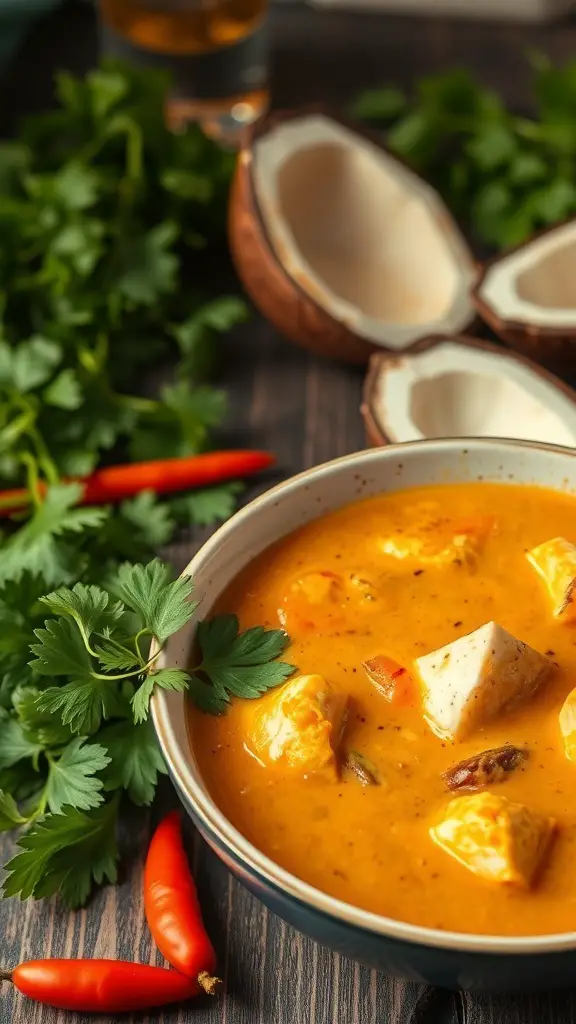 A bowl of coconut curry chicken soup with fresh herbs and red chilies, surrounded by coconut shells.