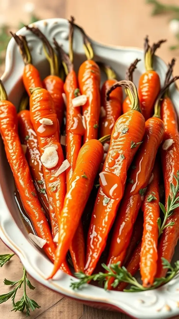 A dish of maple glazed carrots, vibrant and shiny, garnished with herbs.