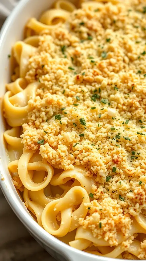 A creamy egg noodle casserole topped with golden breadcrumbs.