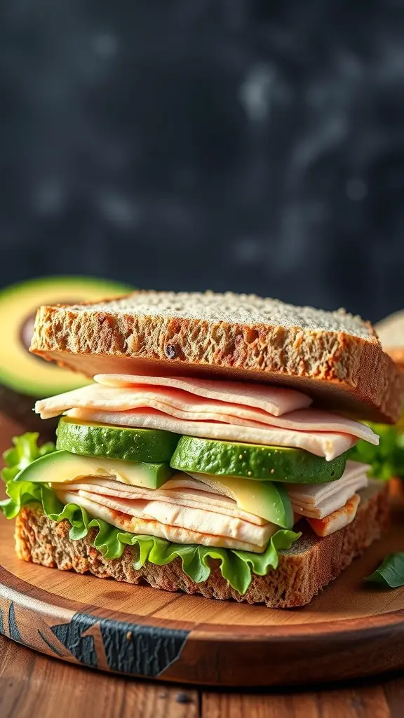 A delicious turkey and avocado sandwich with layers of turkey, avocado, lettuce, and cucumber on whole grain bread.