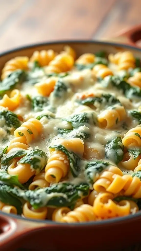 A creamy ditalini and spinach bake in a casserole dish, showcasing pasta, spinach, and melted cheese.