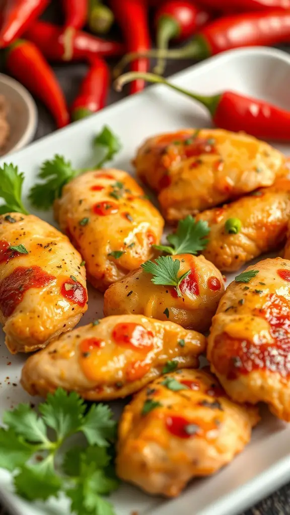 Plate of spicy Sriracha baked chicken tenderloins with cheese and fresh cilantro, surrounded by red chilies.