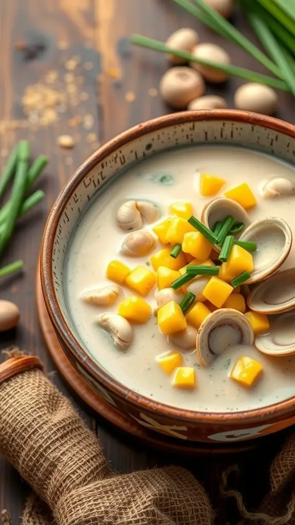 A bowl of clam and corn chowder topped with diced cheese and chives, surrounded by fresh ingredients.
