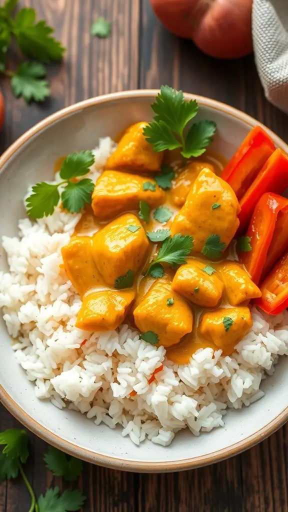 A bowl of coconut curry chicken served over rice with cilantro and red bell peppers.