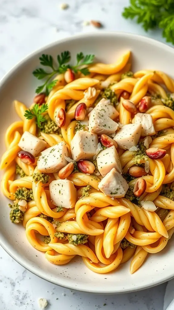 A bowl of Pesto Chicken Fusilli Bake with chicken pieces, pesto sauce, and nuts garnished with parsley.