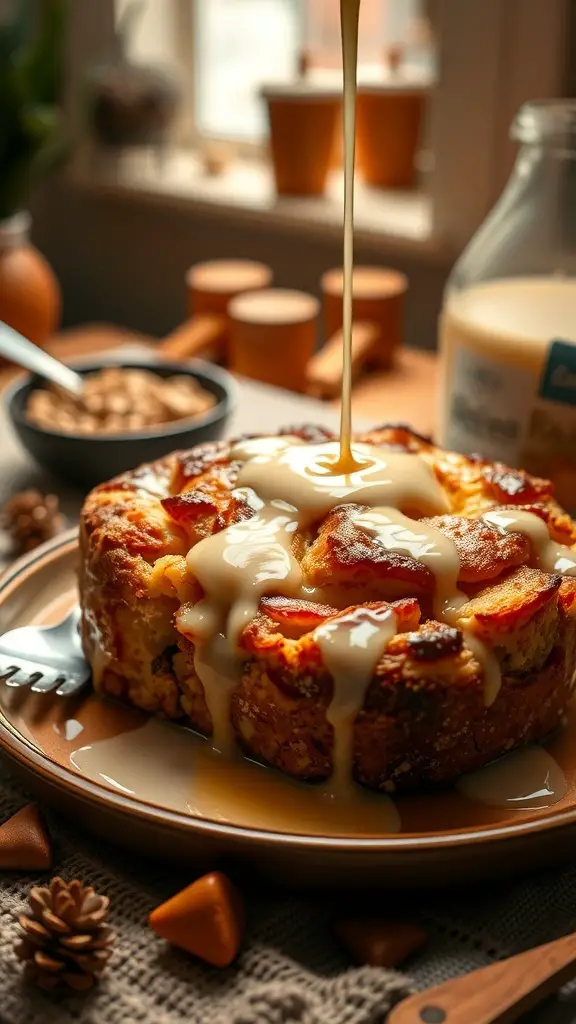 A delicious panettone bread pudding drizzled with creamy sauce, served on a plate.