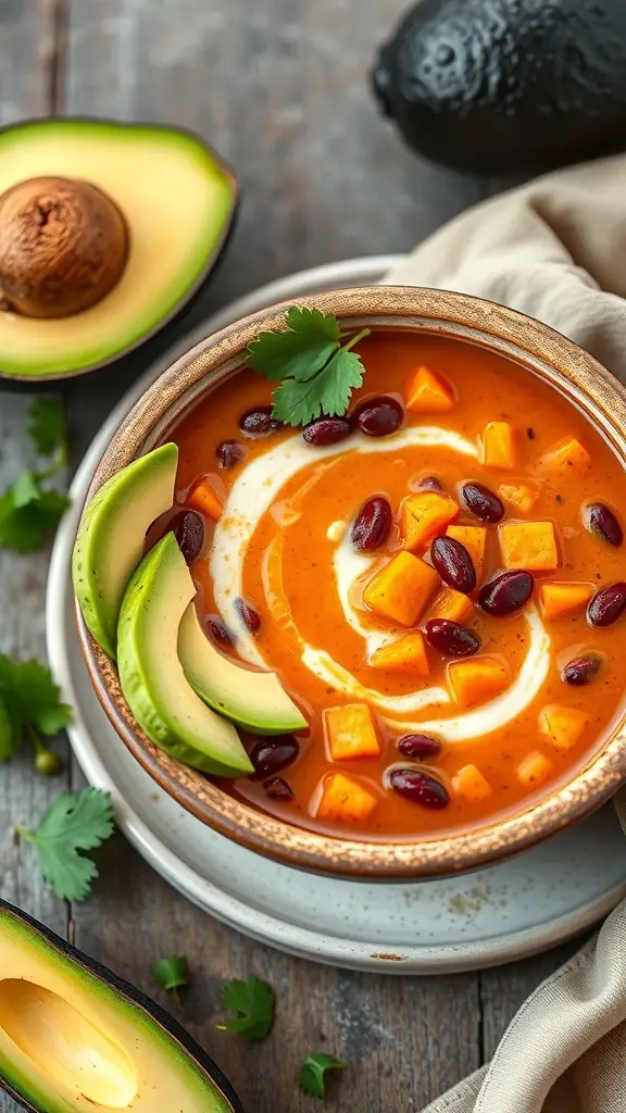 A bowl of Sweet Potato and Black Bean Soup topped with avocado slices and cilantro.