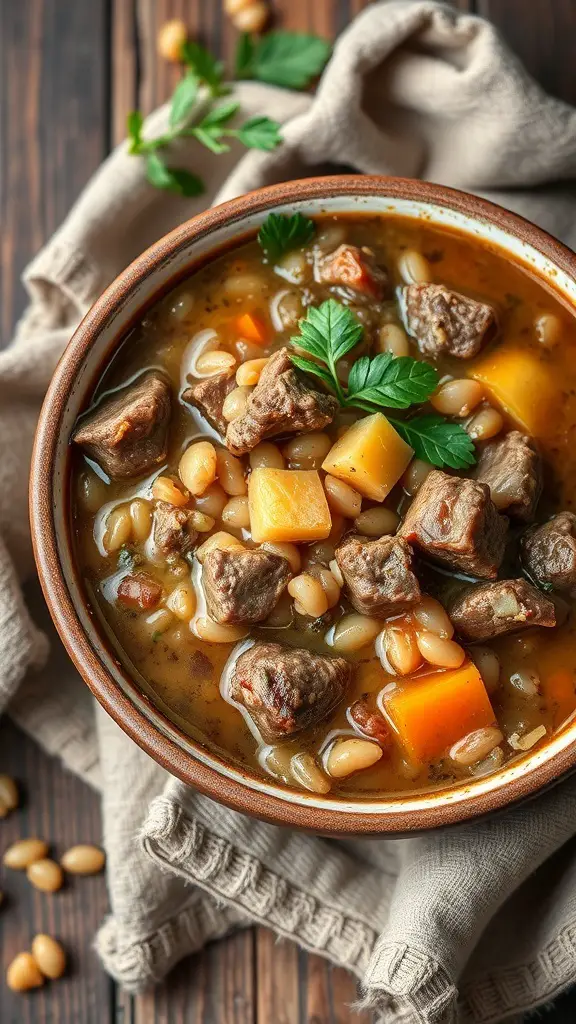 A bowl of beef barley soup with chunks of beef, vegetables, and barley, garnished with parsley.