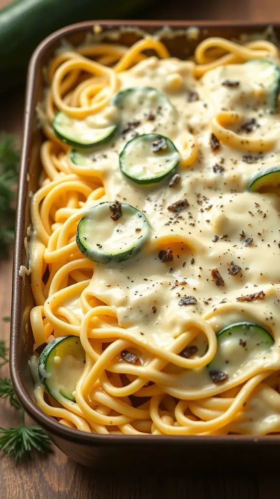 A creamy zucchini noodle Alfredo casserole with green slices of zucchini on top.