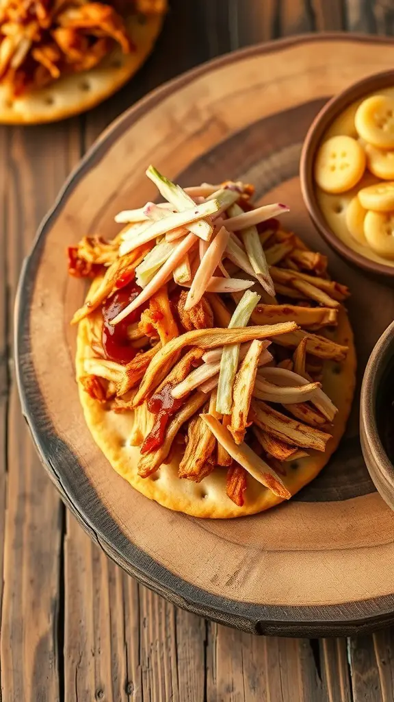 A Triscuit topped with BBQ chicken and coleslaw on a wooden plate.