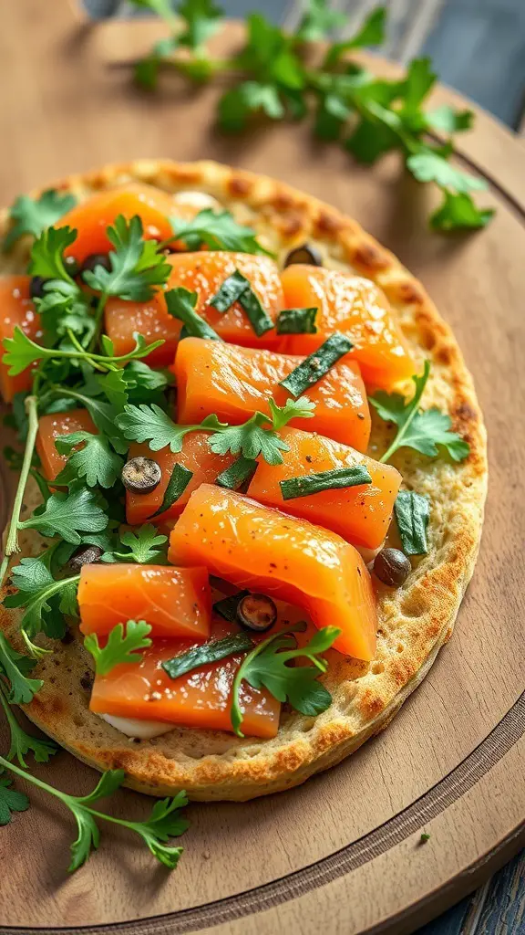 A flatbread topped with pieces of salmon and fresh herbs on a wooden plate.