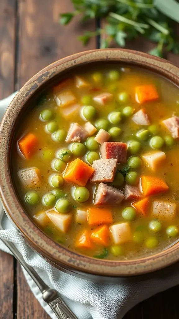 A bowl of savory split pea soup with green peas, ham, and vegetables.