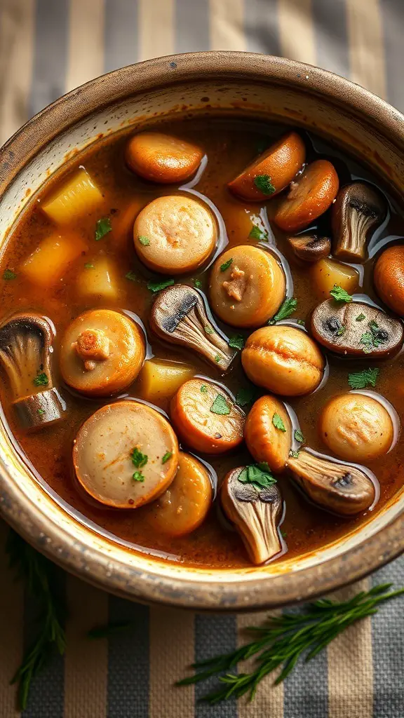 A bowl of mushroom and sausage stew with various mushrooms and herbs