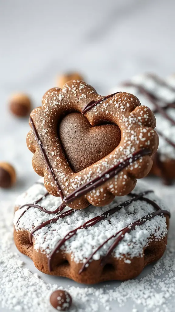 Chocolate Hazelnut Linzer Cookies with heart-shaped cutouts and chocolate filling