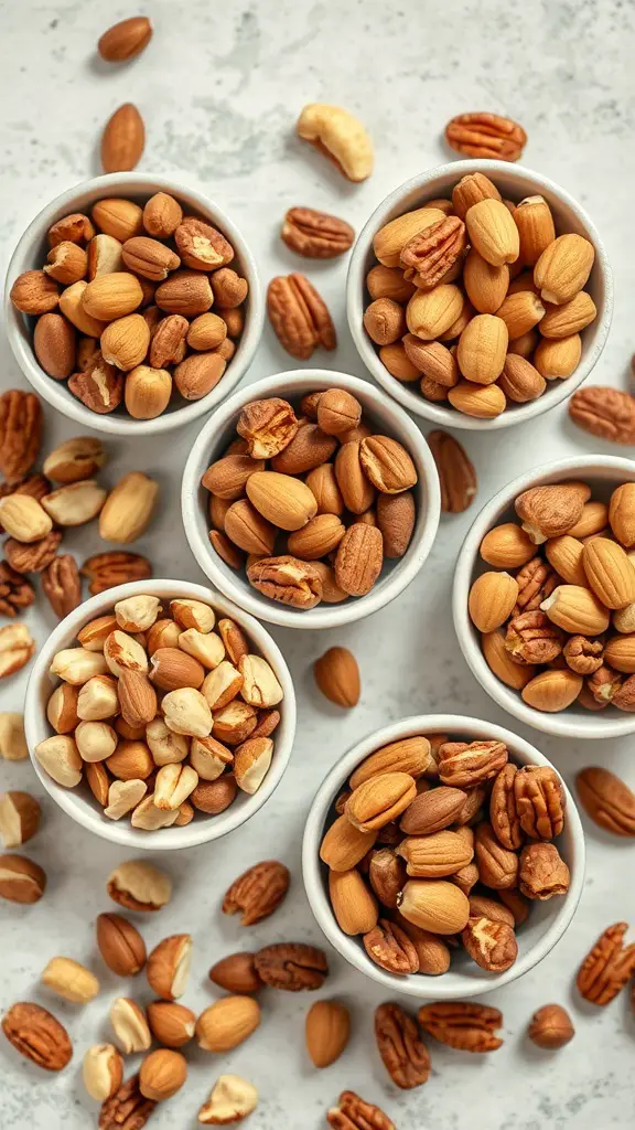 Bowls of assorted nuts for a hot chocolate bar