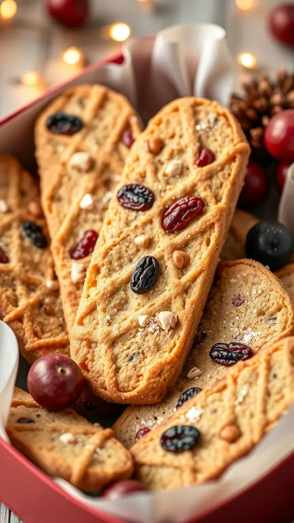 A box of nutty biscotti with dried fruits, arranged beautifully for the holiday season.